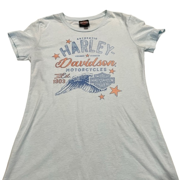 Harley Davidson Shirt Womens Large Blue Short Sleeve Tee Biker Austin, TX Medium - Picture 1 of 9